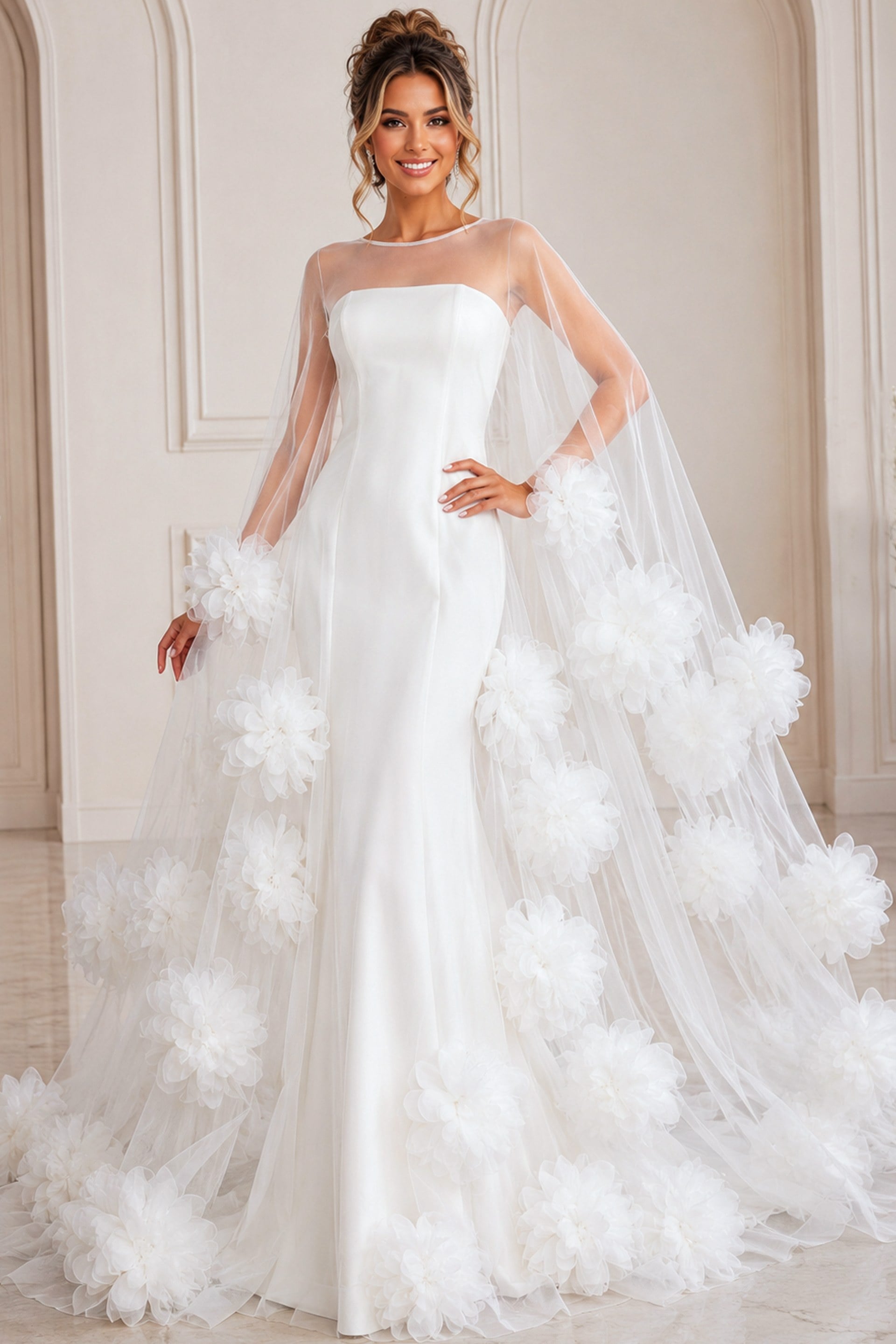 JB40091-90 ivory tulle A-line wedding dress with 3D floral appliques and sheer floral trimmed cape, front view, Jovani Bridal style JB40091