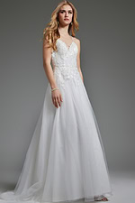 Model in Jovani jb40513 ivory dress with elegant floral lace and A-line shape.