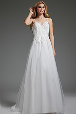 Front view of Jovani jb40513 ivory gown featuring floral lace and V-neck.