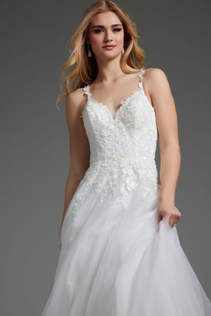 Back side view of Jovani jb40513 with floral lace and button accents.