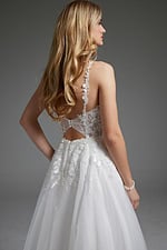 Back view of Jovani jb40513 ivory gown featuring open back and lace details.