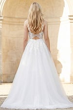 Romantic V neck lace and tulle bridal gown full length view