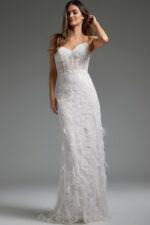 model wearing Jovani JB40590 front view detail of white lace gown