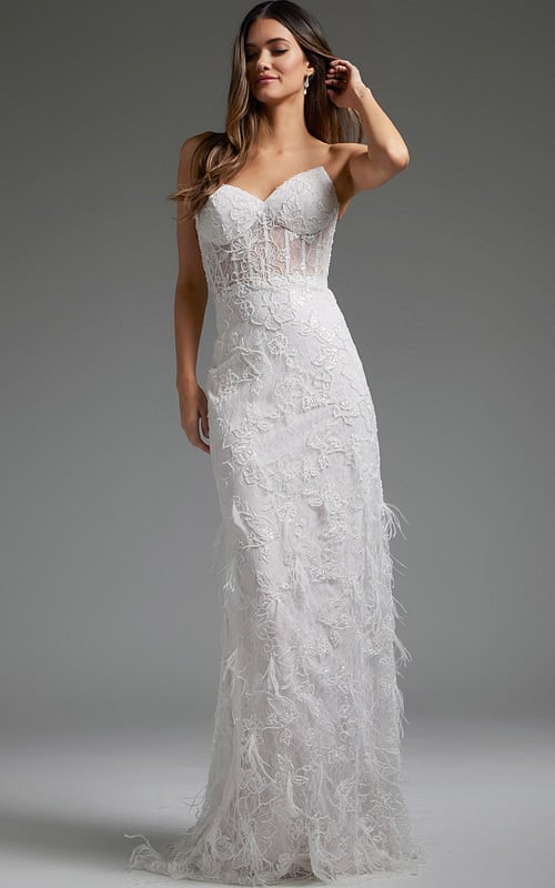model wearing Jovani JB40590 front view white lace gown with floral details