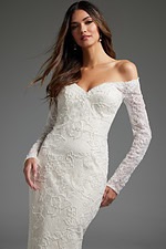 Model wearing JB40591 white gown with off-shoulder neckline and lace detailing, close-up view