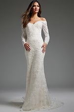 Model wearing JB40591 white gown with off-shoulder neckline and lace sleeves, front view