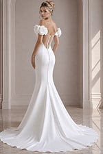 ivory satin fitted mermaid wedding dress with off the shoulder rose applique sleeves and pearl button back, front view, Jovani Bridal style JB40594
