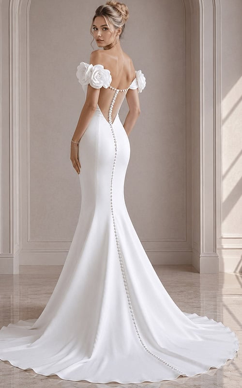ivory satin fitted mermaid wedding dress with off the shoulder rose applique sleeves and pearl button back, front view, Jovani Bridal style JB40594