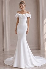 ivory satin fitted mermaid wedding dress with off the shoulder rose applique sleeves and pearl button back, front view, Jovani Bridal style JB40594