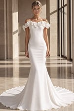 ivory satin fitted mermaid wedding dress with off the shoulder rose applique sleeves and pearl button back, front view, Jovani Bridal style JB40594
