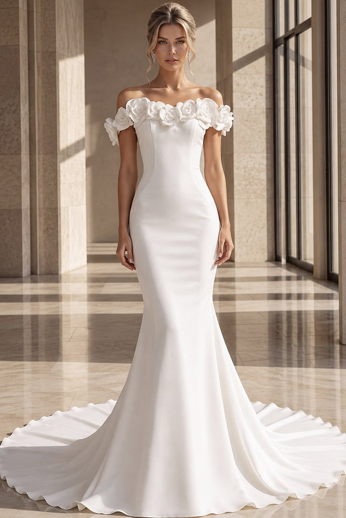 ivory satin fitted mermaid wedding dress with off the shoulder rose applique sleeves and pearl button back, front view, Jovani Bridal style JB40594