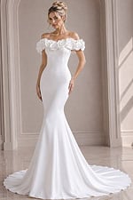 ivory satin fitted mermaid wedding dress with off the shoulder rose applique sleeves and pearl button back, front view, Jovani Bridal style JB40594