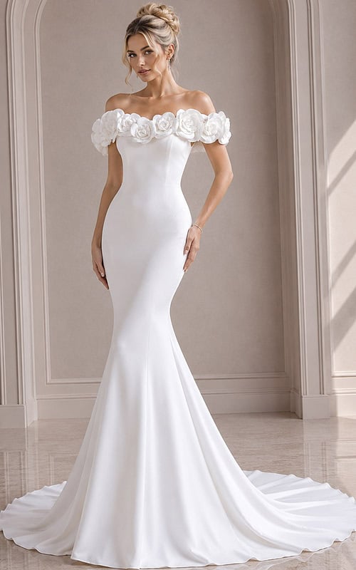 ivory satin fitted mermaid wedding dress with off the shoulder rose applique sleeves and pearl button back, front view, Jovani Bridal style JB40594