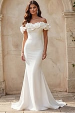Off shoulder fitted gown with sculpted floral neckline and slight train.