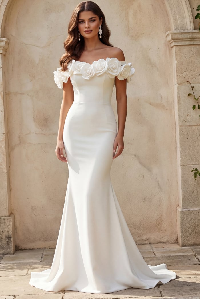 JB40594-h-1 Off shoulder fitted gown with sculpted floral neckline and slight train.
