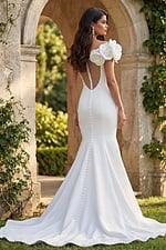 Back view of an off shoulder gown with deep V back, button details, and soft flared train.