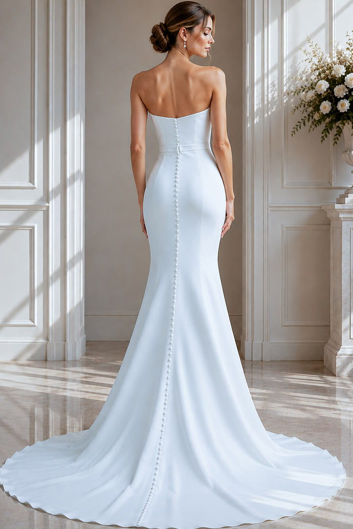 white silk sheath dress Azazie 2026 Sheath Sexy White Elegant Wedding Dress Sweep Train Crepe Back Satin V-Neck Two-Piece
