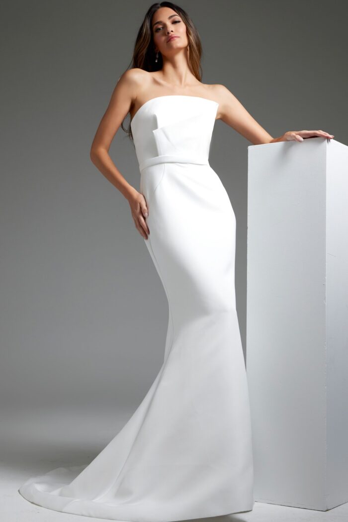 model in JB40597 floor-length dress with minimalist design in off-white