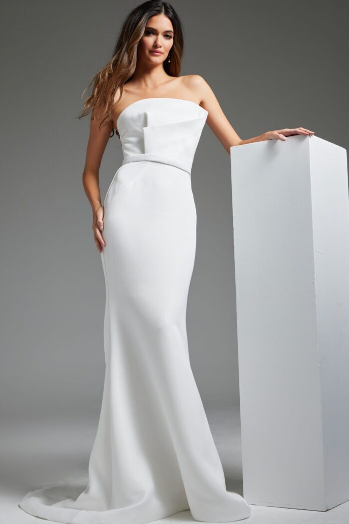 full-length view of JB40597 dress showcasing off-the-shoulder style in off-white