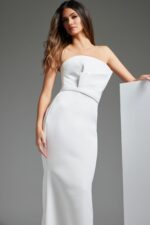 close-up of JB40597 dress's off-the-shoulder neckline and refined design in off-white