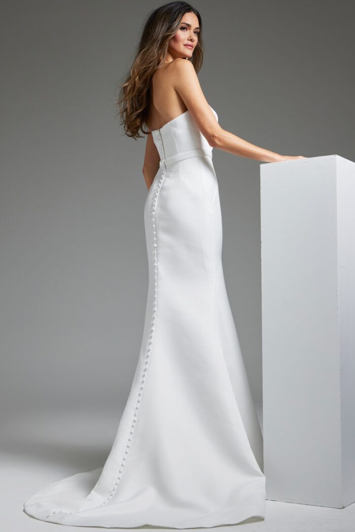back view of JB40597 dress with button detailing in off-white