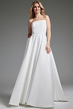Model wearing Jovani JB40599 flowing white A-line gown, elegant front view.