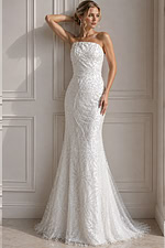 ivory beaded lace strapless fitted mermaid wedding dress with straight neckline and allover sparkle embroidery, front view, Jovani Bridal style JB40608