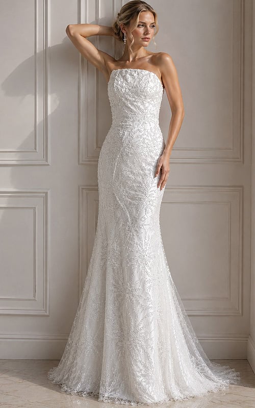 ivory beaded lace strapless fitted mermaid wedding dress with straight neckline and allover sparkle embroidery, front view, Jovani Bridal style JB40608