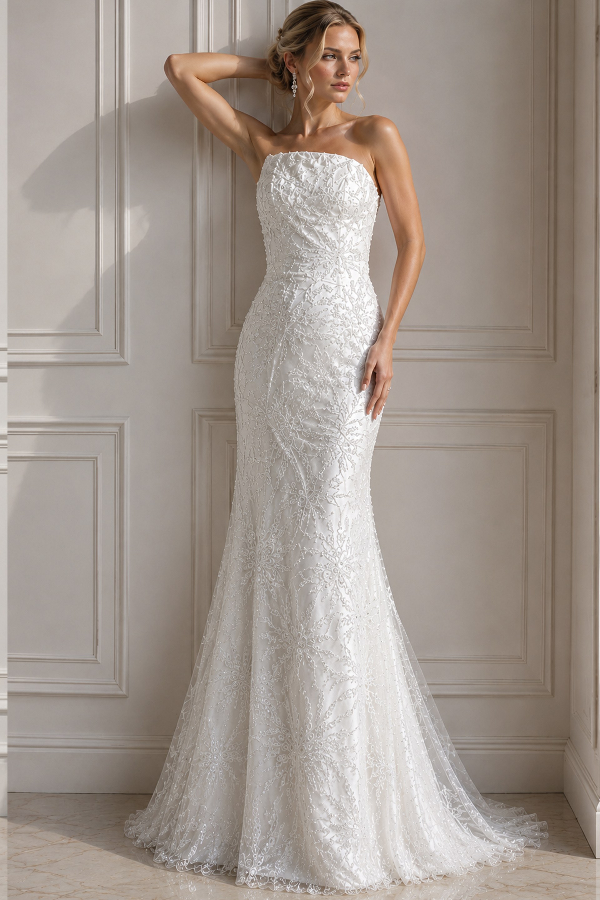 JB40608-22 ivory beaded lace strapless fitted mermaid wedding dress with straight neckline and allover sparkle embroidery, front view, Jovani Bridal style JB40608