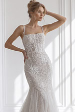 Sleeveless straight neckline lace sheath wedding gown with fitted silhouette and light tulle train