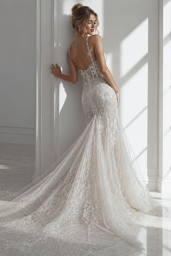 Backless fitted floral lace mermaid bridal gown with delicate straps and flowing sheer hem train