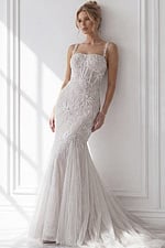 Strapless sweetheart floral lace mermaid wedding gown with sheer embroidered bodice and soft tulle flare hem train