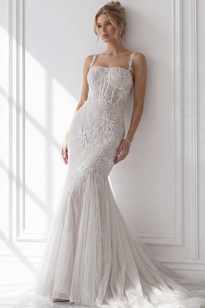 Strapless sweetheart floral lace mermaid wedding gown with sheer embroidered bodice and soft tulle flare hem train