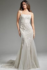 close-up front view of model in Jovani JB40631 ivory gown showcasing floral details