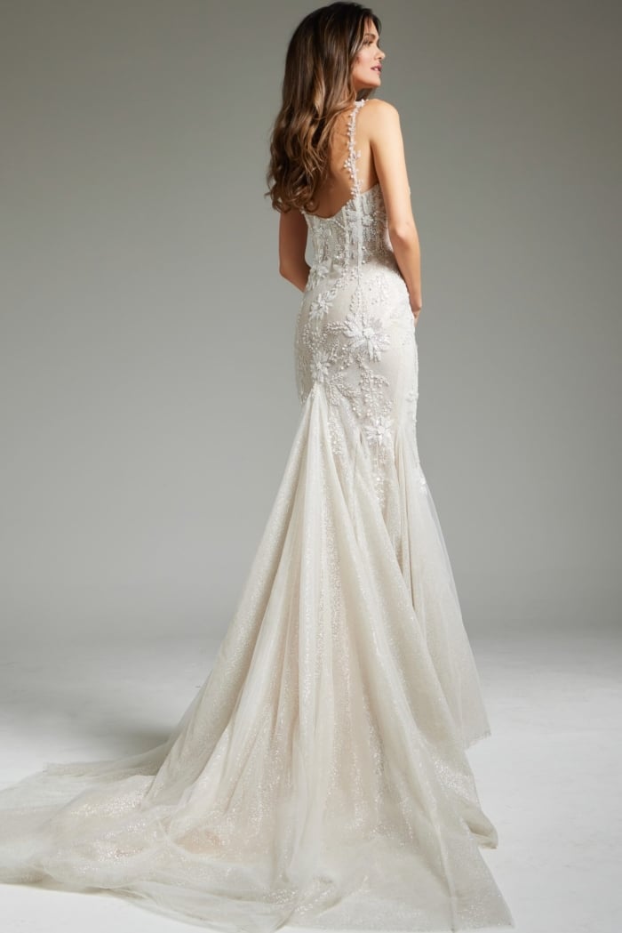 back view of Jovani JB40631 ivory gown with intricate applique and tulle skirt