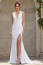 Sleek V neck bridal dress with high slit and draped satin skirt