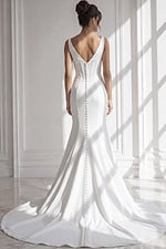 white bridal dress with plunging backline, fitted bodice, and long flowing train