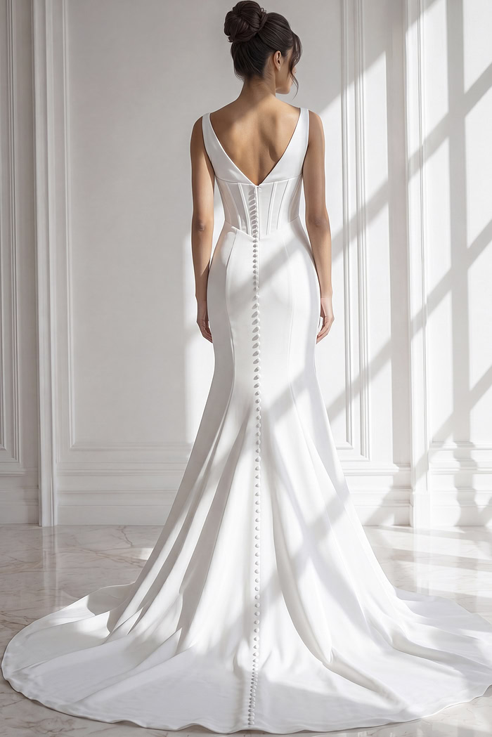 white bridal dress with plunging backline, fitted bodice, and long flowing train