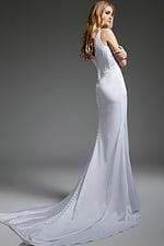 Back view of Jovani JB40782 white gown with button detail