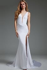 Full view of Jovani JB40782 white gown featuring V-neck and high slit