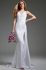 Jovani JB40782 white gown worn by model with V-neck and slit