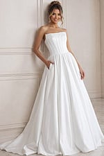 ivory floral lace A-line wedding dress with strapless sweetheart neckline and glitter tulle skirt, front view, Jovani Bridal style JB40784
