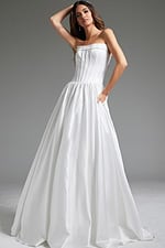 Model wearing Jovani JB40784 white strapless A-line gown, front pose.