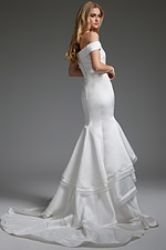 Back view of Jovani JB40790 white gown with decorative buttons