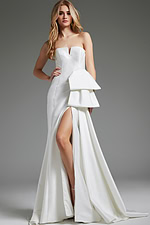Front view of Jovani JB40791 white gown featuring layered side detail.