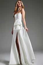 Jovani JB40791 white gown with strapless design and side slit.