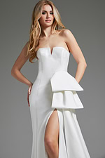 Close-up of Jovani JB40791 white gown's unique side detail.