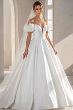 white satin off the shoulder A-line ballgown wedding dress with deep sweetheart neckline and 3D floral rosette sleeves, front view, Jovani Bridal style JB40795