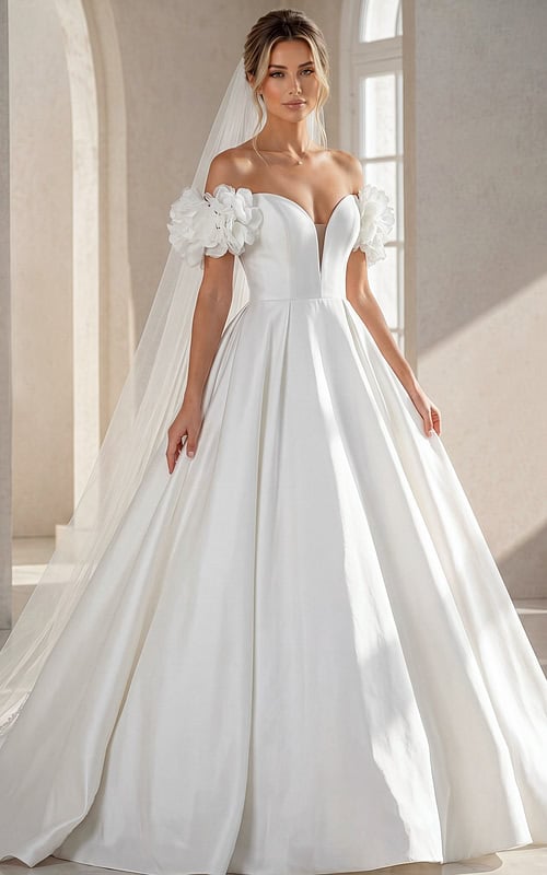white satin off the shoulder A-line ballgown wedding dress with deep sweetheart neckline and 3D floral rosette sleeves, front view, Jovani Bridal style JB40795