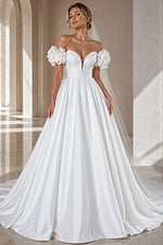 white satin off the shoulder A-line ballgown wedding dress with deep sweetheart neckline and 3D floral rosette sleeves, front view, Jovani Bridal style JB40795